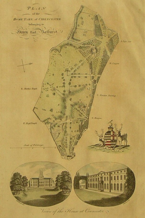 Print - Plan of the Home Park at Cirencester belonging to Henry Earl Bathurst. Views of the House at Cirencester - Taylor